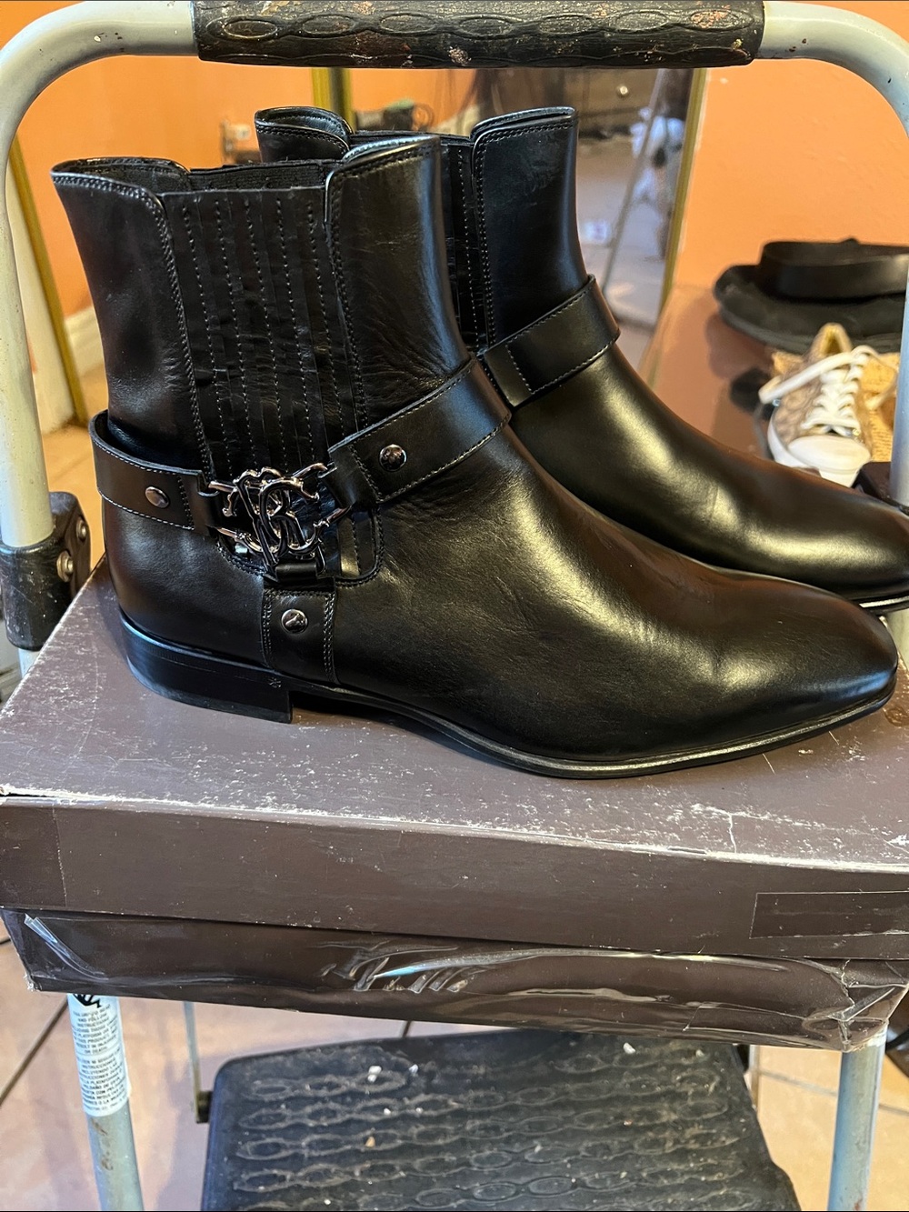 Roberto Cavalli Black Leather Ankle Boots with Logo Harness